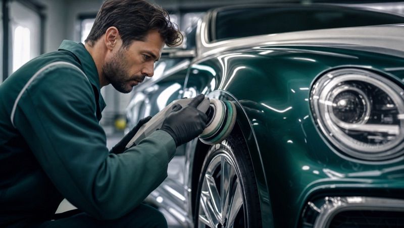 Technician polishing a luxury car at The 55 Auto Collision Center