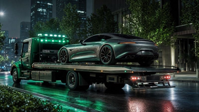 Luxury car on a flatbed at night, 24/7 towing